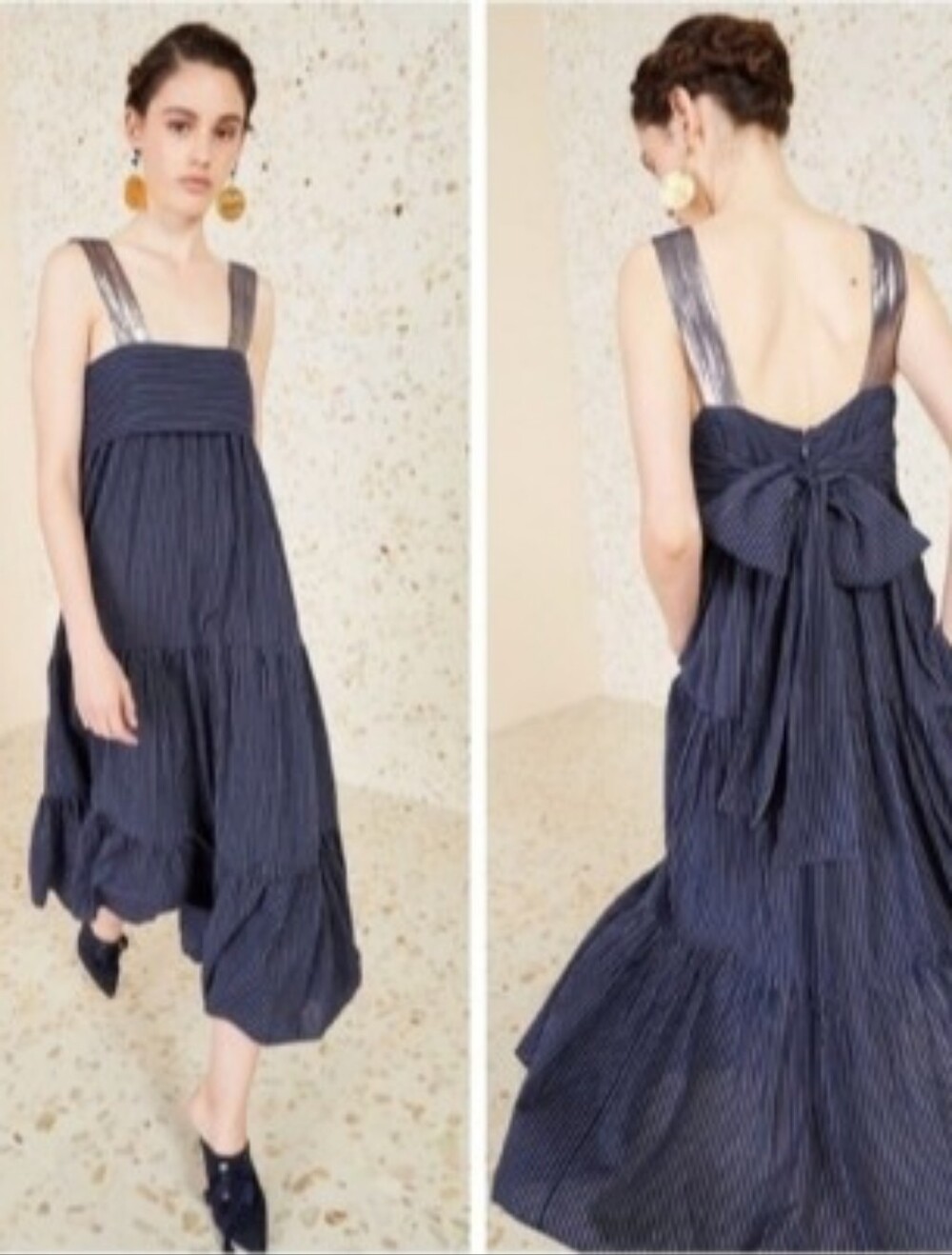 Ulla Johnson Bess Tiered Midi Dress 2 Navy Pinstripe Cotton Back Bow Pockets